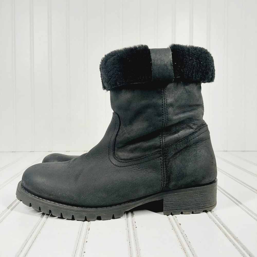 Aldo Black Leather Fur Top Trim Slip On Winter Ankle Boots F988